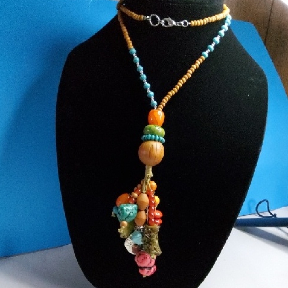 Boho ethnic Statement Necklace. Wood & Various gemstones.